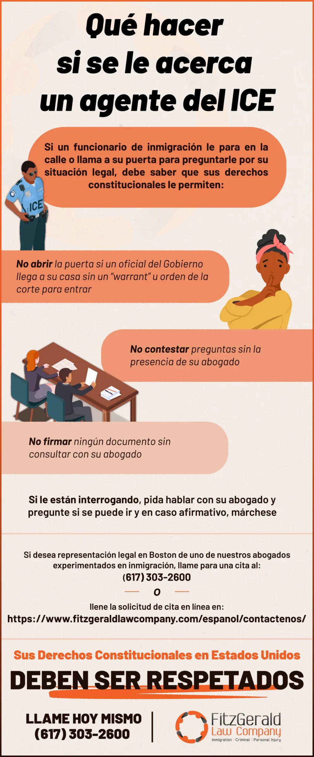 Infographic in Spanish: 'What to do if an ICE agent approaches you.' Advice on constitutional rights.